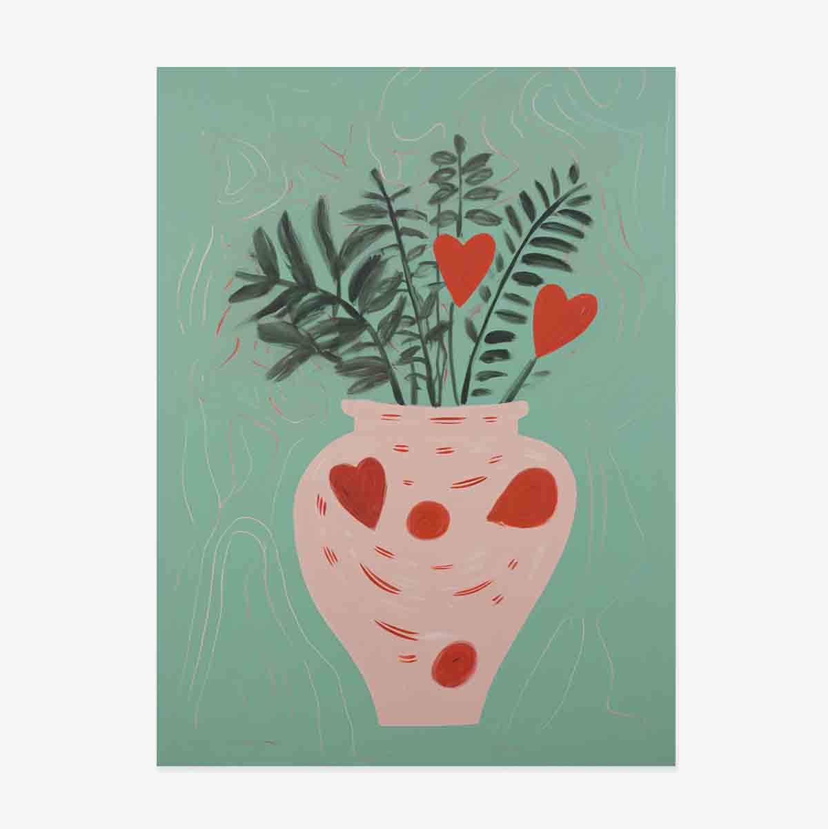 Poster met illustraties van potplanten en getekende hartjes