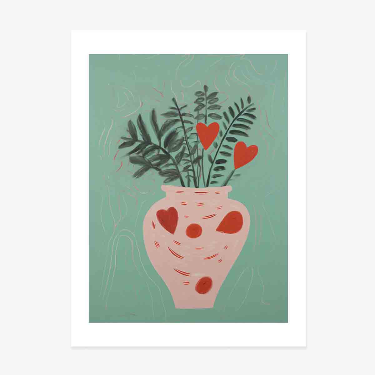 Poster met illustraties van potplanten en getekende hartjes