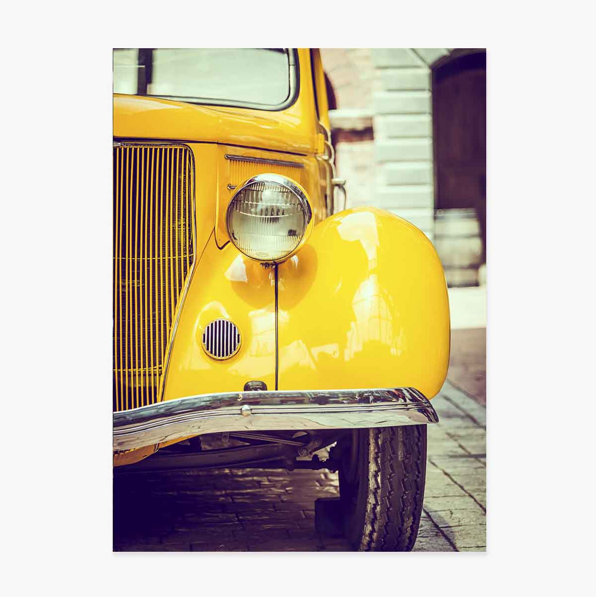 Poster met een gele vintage auto